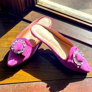 New, never worn, hot pink suede mules with sparkle double bow detail, size 8